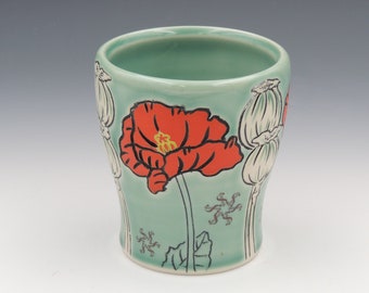 Ceramic Poppy Mug  // ceramic cup, coffee cup, handmade pottery, wheelthrown pottery, green mug, flower mug, poppy flower, poppy seedpod