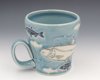 Fish Coffee Mug // clay mug, pottery mug, handmade pottery, coffee cup, blue cup, porcelain, wheel thrown pottery, mishima, handmade cup