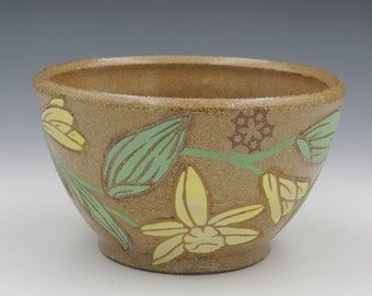 Ceramic Bowl // clay cereal bowl, clay dish, pottery bowl, wheelthrown pottery, handmade pottery, orchid, vanilla, flowers, decals
