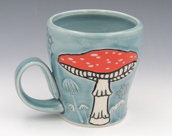 Ceramic Mushroom Mug // ceramic cup, coffee cup, handmade pottery, wheelthrown pottery, turquoisemug, porcelain cup, mushrooms, mushroom cup