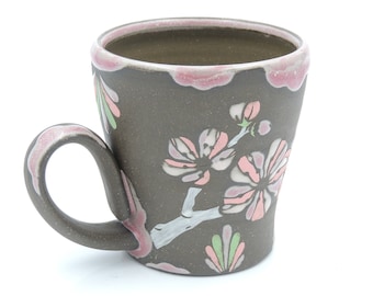 11 oz Cherry Blossom Pottery Mug //  flowers, coffee cup, ceramic mug, handmade pottery, clay mug, wheel thrown pottery, white and pink