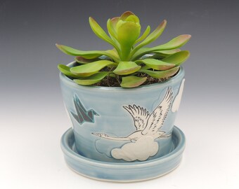 Ceramic Planter with tray // flower pot, utensil holder, wheelthrown pottery, handmade pottery, clay planter, blue, origami, crane, bird pot