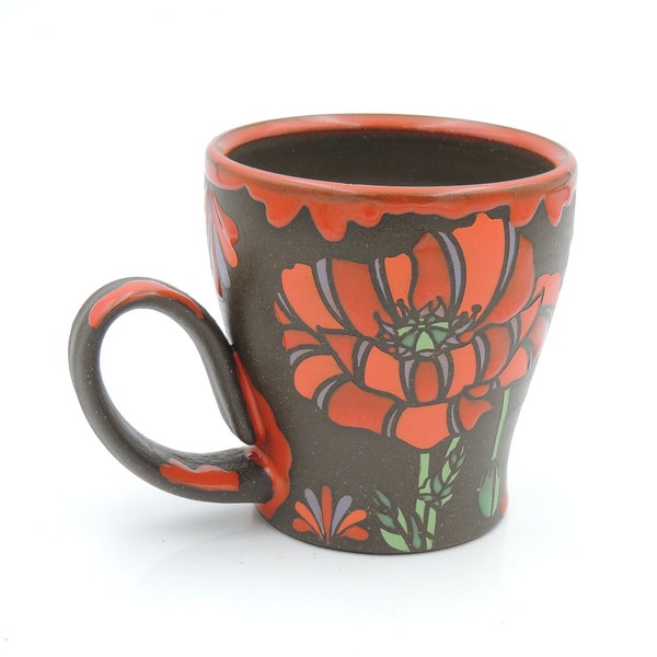 14 oz Ceramic Poppy Mug  // cup, coffee cup, handmade pottery, wheelthrown pottery, flower mug, poppy flower, poppy seedpod