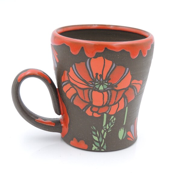 16 oz Ceramic Poppy Mug  // cup, coffee cup, handmade pottery, wheelthrown pottery, flower mug, poppy flower, poppy seedpod