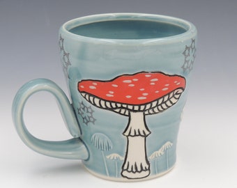 Ceramic Mushroom Mug // ceramic cup, coffee cup, handmade pottery, wheelthrown pottery, turquoisemug, porcelain cup, mushrooms, mushroom cup