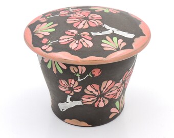 3.5'' x 5'' Cherry Blossom Jar //  flower, handmade pottery, flowers, wheel thrown pottery, white and pink, trinket spice jar