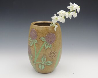 Clay Vase // Utensil holder, ceramic flower vase, handmade pottery, wheelthrown pottery, clover, red clovers, flowers, green, purple