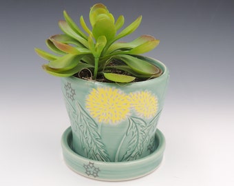 Ceramic Planter with Dandelions // utensil holder, flower pot, clay planter, succulent planter, handmade pottery, wheel thrown, green