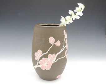 Clay Vase // Utensil holder, ceramic flower vase, handmade pottery, wheelthrown pottery, cherry blossoms, flowers, flower vase