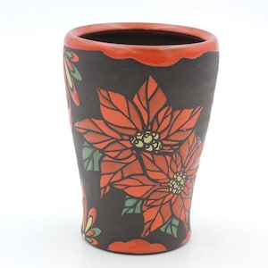 SECOND - 12 oz Ceramic Poinsettia & Holly Tumbler  // cup, coffee cup, handmade pottery, wheelthrown pottery, holiday, christmas