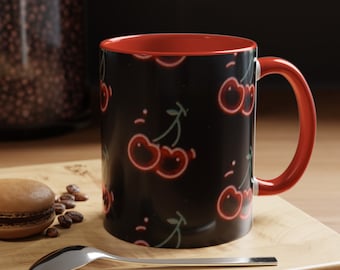 Handmade Cherry Patterned Mug Ceramic Coffee Cup for Berry Lovers, Gift for Her, Cute Tea Mug, Cottagecore Kitchen Decor, Fruit Lover Gift