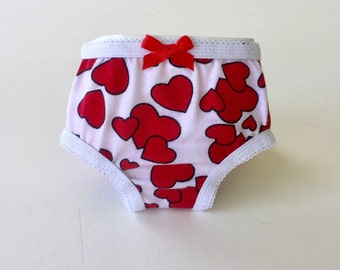 18 Inch Doll Panties - 18 Inch Doll Clothes - Heart Print Knit Red Bow - 18 Inch Doll Underwear - Handmade - 18&quot; Doll Panties Underwear