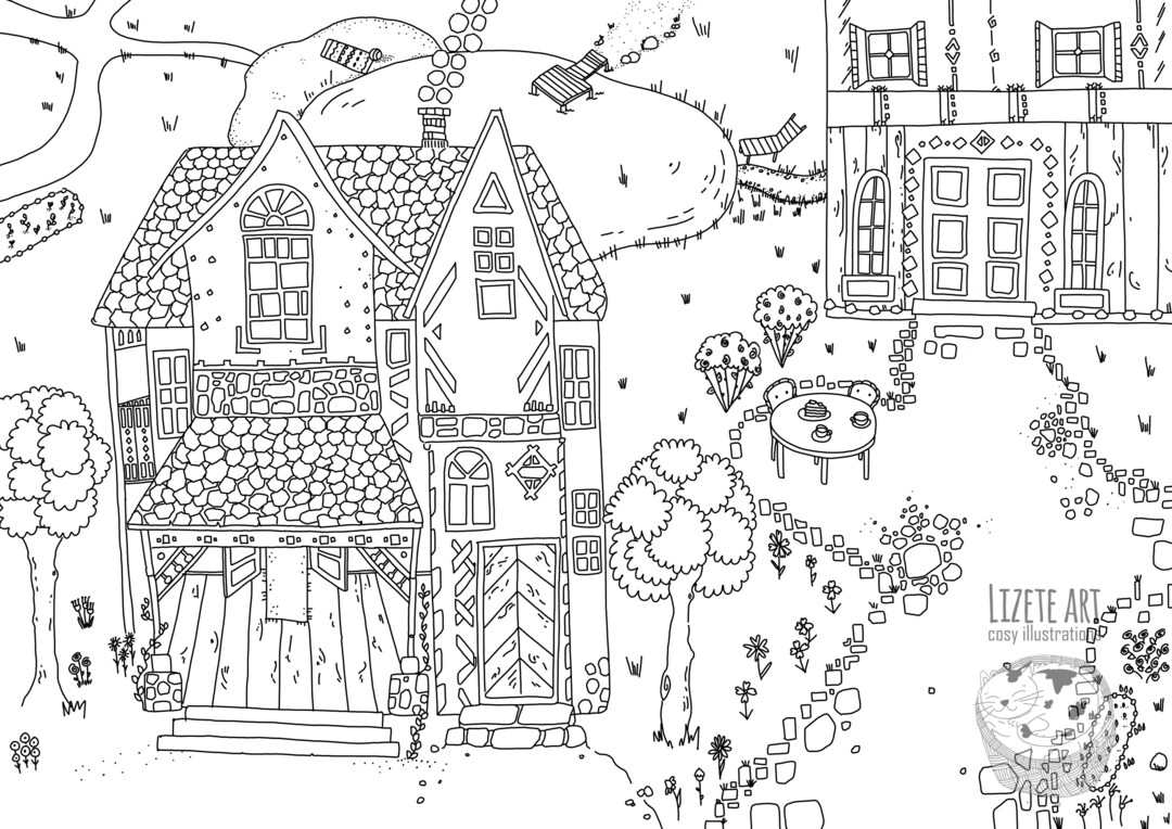 Whimsical Houses Coloring Pages, Printable Coloring Sheet, Instant ...