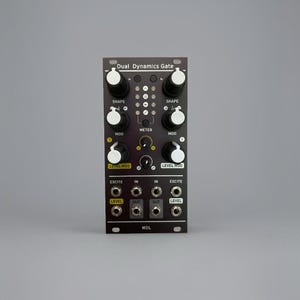 May include: A black electronic module with white knobs and the text "Dual Dynamics Gate." It features multiple inputs and outputs, with labels like "Shape," "Mod," and "Level Mod." The module has a series of indicator lights and a meter.