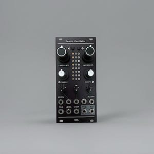 May include: Black Macro Oscillator module with knobs and ports. The module has the text "Macro Oscillator", "Frequency", "Harmonics", "Timbre", and "Morph". It also has the text "Model", "Trig", "Level", "V/Oct", "Cut", and "Aux".