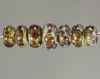 Lampwork Glass Boro Bead Set of 7 Artisan Handmade Juba Glass Transparent Green Sparkle Swirl
