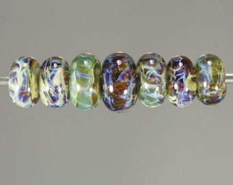 Lampwork Glass Boro Bead Set of 7 Artisan Handmade Juba Glass Transparent Green Sparkle Swirl