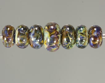 Lampwork Glass Boro Bead Set of 7 Artisan Handmade Juba Glass Transparent Green Sparkle Swirl