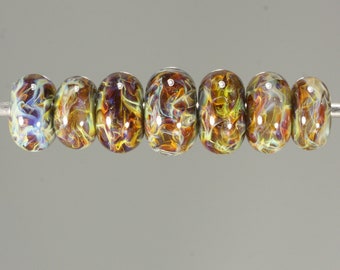 Lampwork Glass Boro Bead Set of 7 Artisan Handmade Juba Glass Fiery Amber Swirl