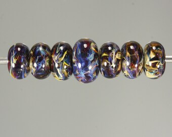 Lampwork Glass Boro Bead Set of 7 Artisan Handmade Juba Glass Amber Swirl