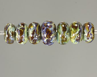 Lampwork Glass Boro Bead Set of 7 Artisan Handmade Juba Glass Transparent Green Sparkle Swirl