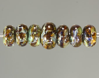 Lampwork Glass Boro Bead Set of 7 Artisan Handmade Juba Glass Deep Amber Swirl