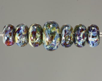 Lampwork Glass Boro Bead Set of 7 Artisan Handmade Juba Glass Fiery Amber Swirl