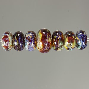 Lampwork Glass Boro Bead Set of 7 Artisan Handmade Juba Glass Fiery Amber Swirl