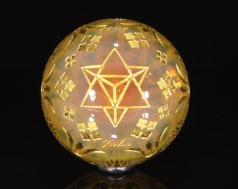 2.15" Juba Glass Contempary Lampwork Marble Gold And Silver Fume Gilson Opal Sand Carved  24K Gold Gilding Sacred Geometry Art Deco Pattern