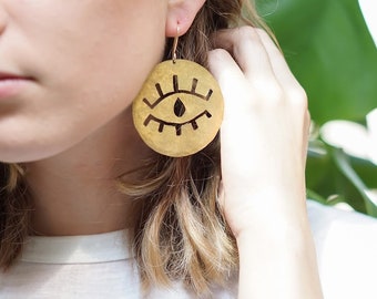 Open Close Eye Eyelashes Earrings gold wink statement big bold flirty hammered copper girl power hand cut handmade