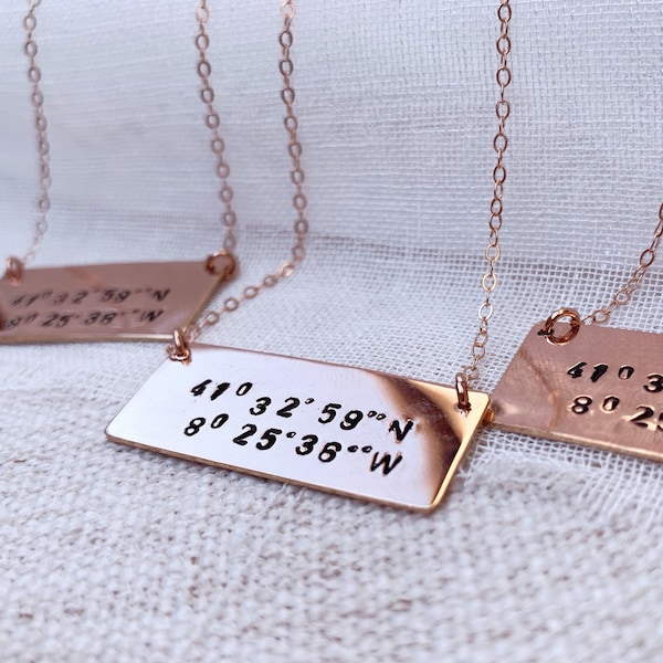 Rectangle Bar necklace Custom rose gold filled sterling silver coordinates lost and found special place bridesmaid gift jewelry girl present