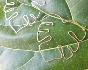 Monstera Hoops palm leaves gold filled sterling silver rose gold filled earrings hammered light big statement plant lady green big hoop