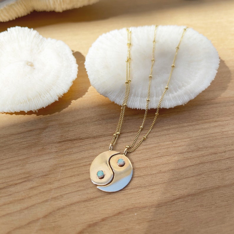 Yin to the Yang best friend two piece necklace Set yin yang Opal gold filled satellite chain curb chain image 1