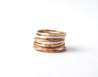 set of 6 hammered  skinny band rings