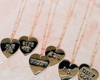 Weird Valentines heart necklaces hug me bite me Ken No Emo girl power love gold filled sterling silver