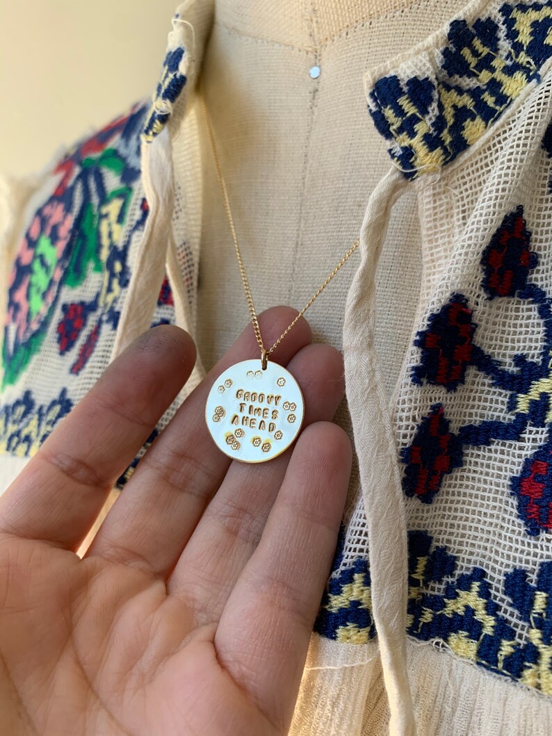 Never Give Up big gold filled disc necklace graduation encourage encouragement strength under fire woman power together