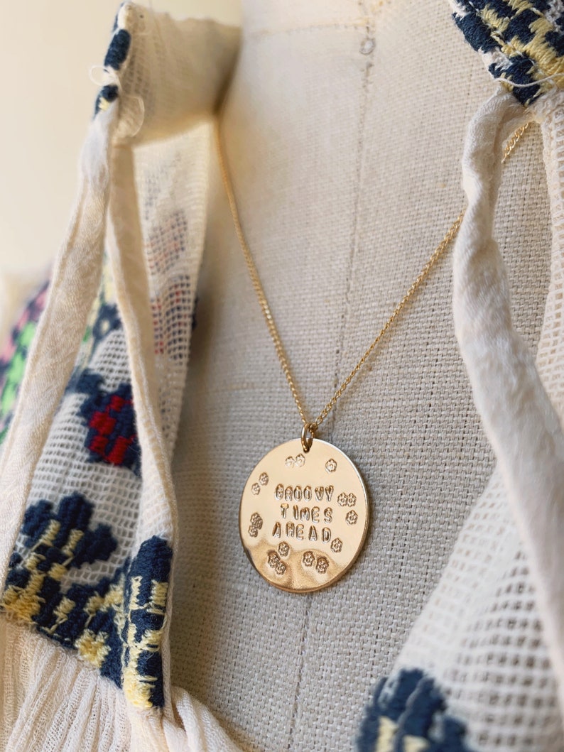 Never Give Up big gold filled disc necklace graduation encourage encouragement strength under fire woman power together