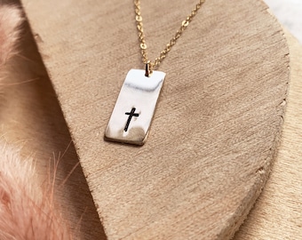 Cross vertical short bar gold filled necklace cross or personalized layering piece modern vibe women’s gift religious