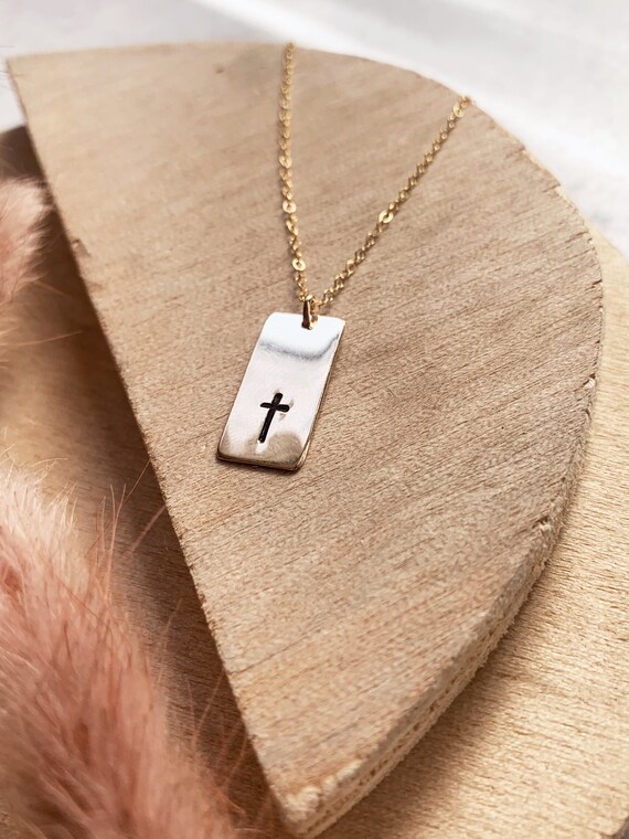 Cross Vertical Short Bar Gold Filled Necklace Cross or Personalized Layering Piece Modern Vibe Womens Gift Religious Etsy