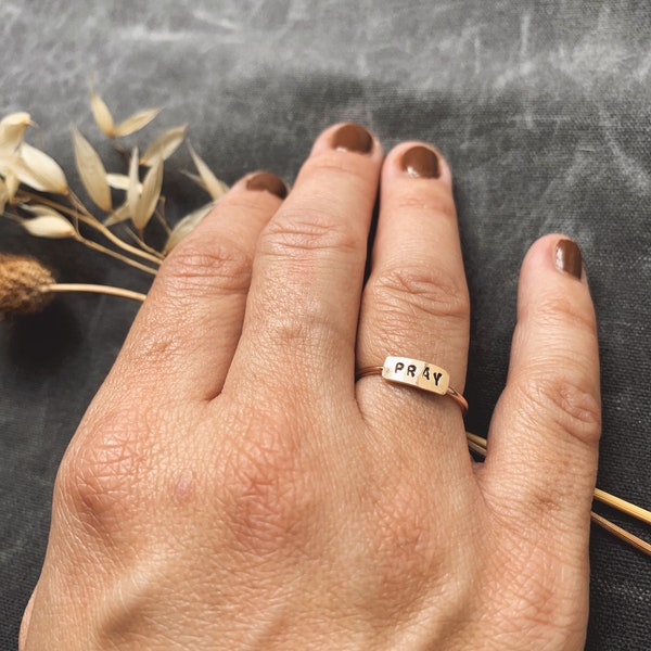 WORD Itty Bitty Bar Ring PRAY tiny gold filled rose gold sterling silver custom stamped layering stacking ring love joy hope Christian