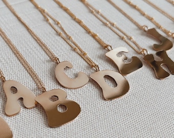 Groovy times initial Gold filled necklace sterling silver bubble font alphabet hand cut slow fashion vintage style hippie letters
