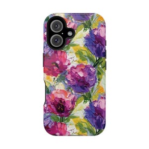 Pink and Violet Floral Palette Knife iPhone Case, Fall Colors Tough Phone Cover, Magnetic Phone Case, Artistic Flower | Cute Phone Case