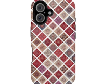 May include: A phone case with a geometric pattern of red, white, and brown squares with intricate floral designs. The case has a black bumper and a cutout for the camera lens.