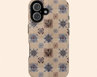 May include: A beige phone case with a pattern of blue and brown floral tiles.