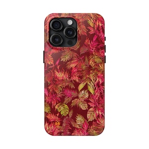 Jungle Tropical Leaves Tough Samsung Galaxy and iPhone Case | Seamless Crimson Red Tropical Leaves | Monstera Leaves
