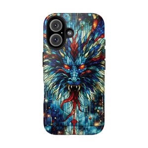 Dragon Stained Glass Stevige telefoonhoesjes, beschermende telefoonhoesjes, unieke telefoonaccessoires, telefoonbeschermers mythisch wezen, kleurrijk