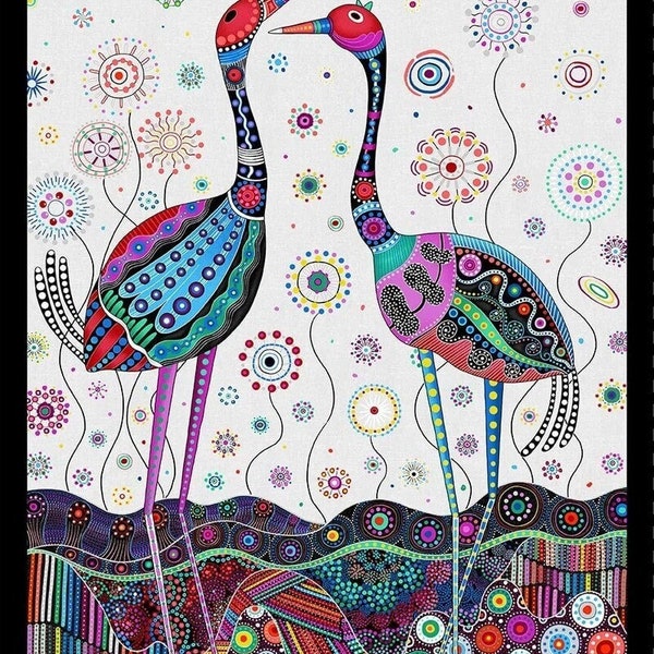 Origins crane panel by blank quilting is a 'quilting quality' 100% cotton fabric inspired by aboriginal designs 1203p 90 uk seller