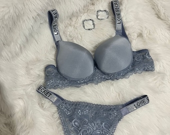 Secret Love-jeweled padded floral,2 pieces lingerie  Set, intimate Shuttle Gray underwear