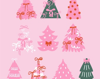 Cute Coquette Christmas Trees | Pink Bow Ribbon Holiday Clipart | Aesthetic Christmas SVG PNG AI Pink Girly Christmas Ribbon Bow Clipart