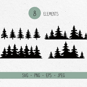 May include: Eight black silhouette images of pine trees, some are single trees and others are groups of trees. The text "8 ELEMENTS" is above the images.